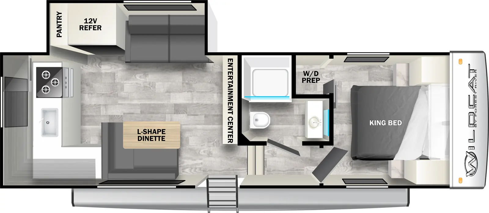 The 23RK has one slideout and one entry. Interior layout front to back: foot-facing king bed and off-door side closet with washer/dryer prep; off-door side full bathroom; steps down to entry and main living area; entertainment center along inner wall; off-door side slideout with seating, 12V refrigerator, and pantry; door side l-shape dinette, and kitchen counter wraps to rear with sink and cooktop.